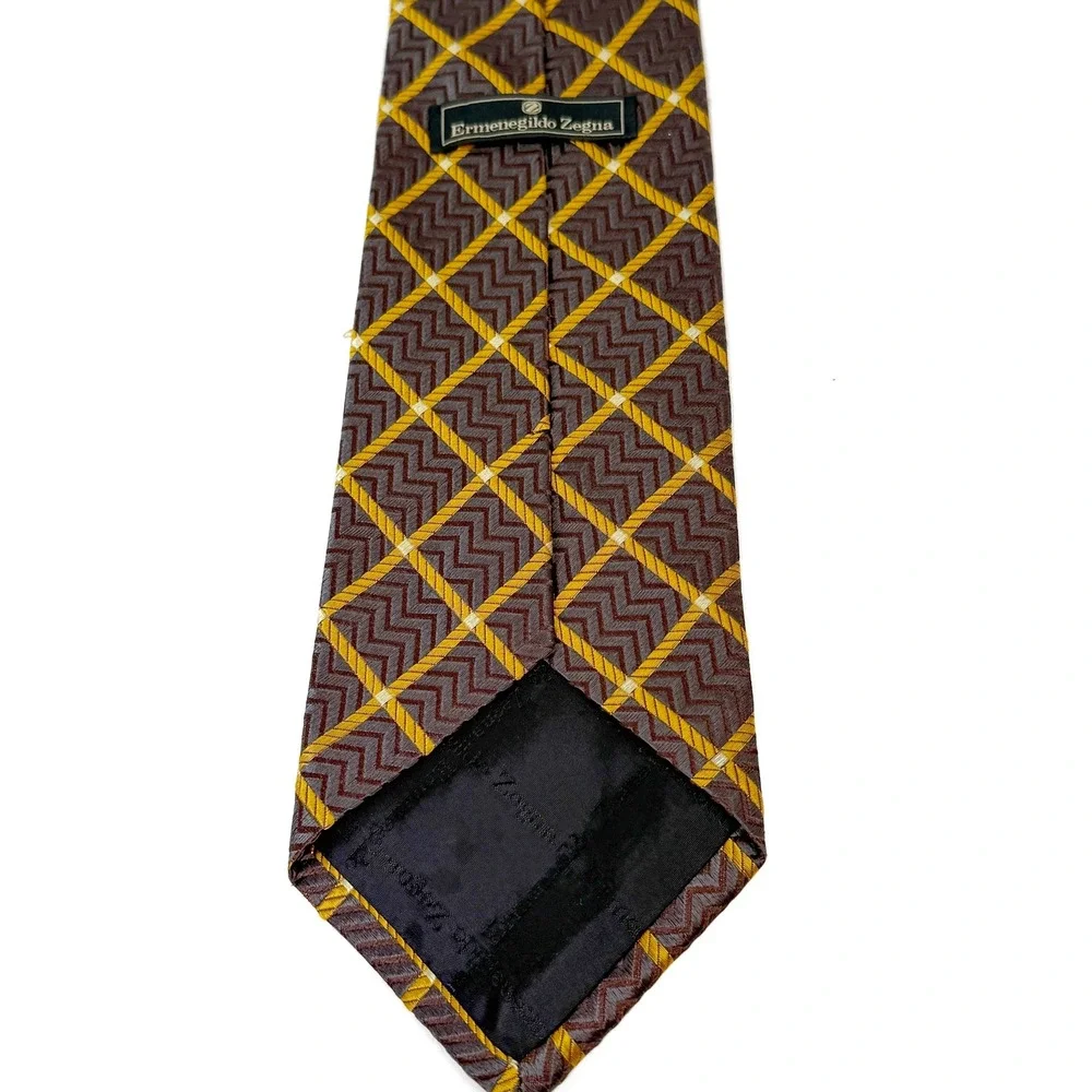 Ermenegildo Zegna Silk Tie Geometric Brown Gold‎ Pattern W: 3.75